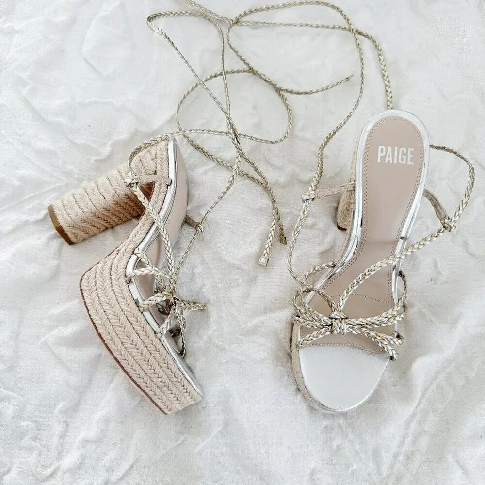 PAIGE Braided Metallic Ankle-Strap Platform Espadrilles Size 9 New